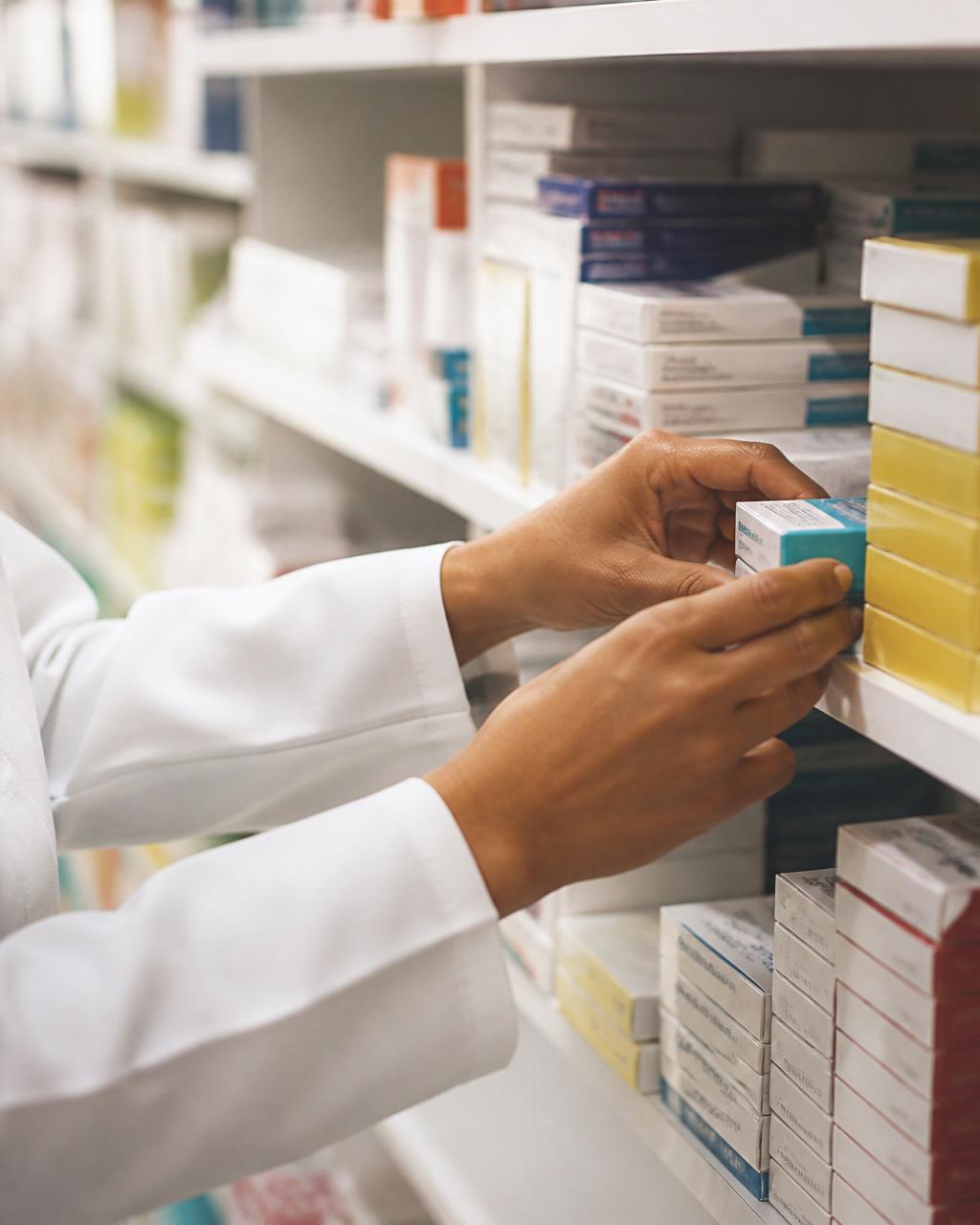 Mãos organizando medicamentos em prateleira de farmácia